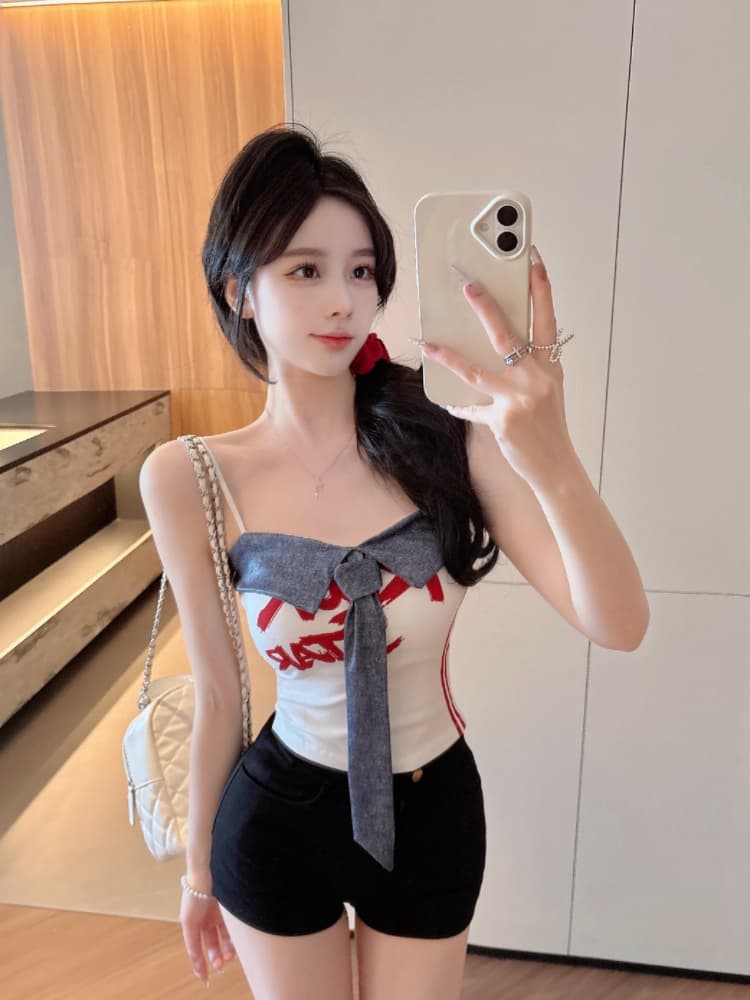 실사 감소되지 않음 아메리칸 핫걸 패치워크 캐미솔 여름 배색 알파벳 프린트 슬립 맨위 상세 이미지 10