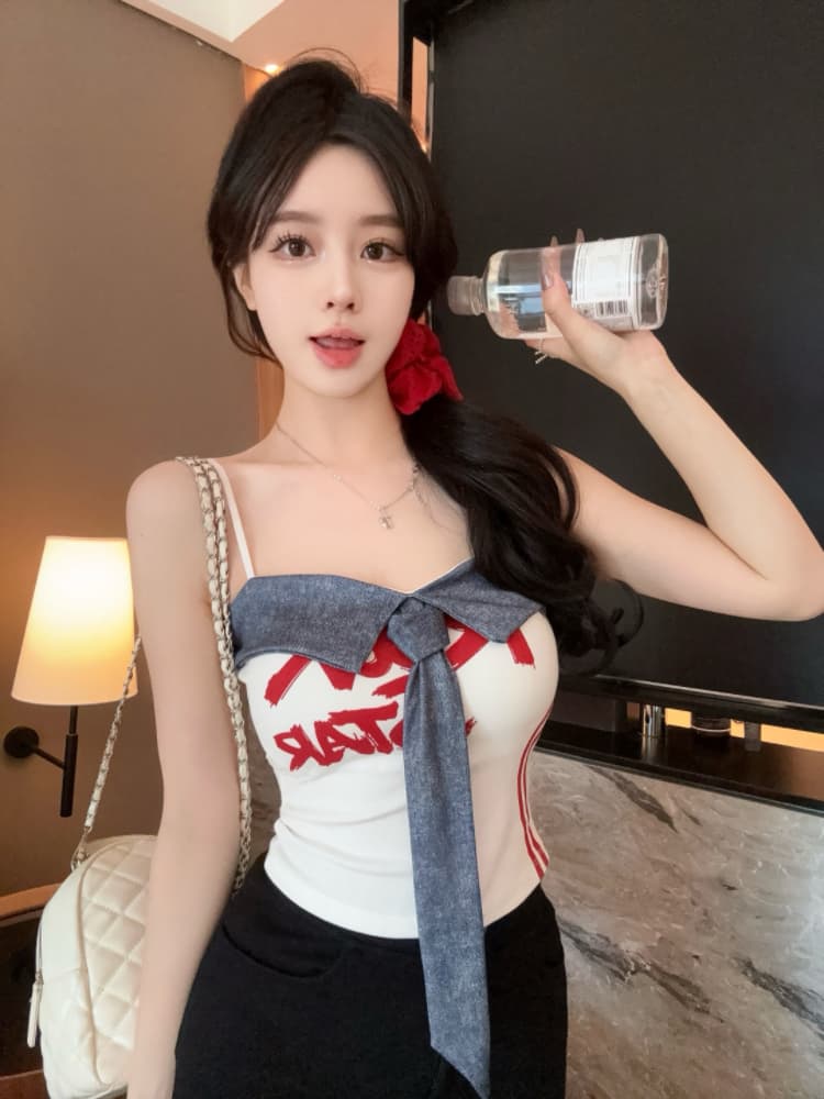 실사 감소되지 않음 아메리칸 핫걸 패치워크 캐미솔 여름 배색 알파벳 프린트 슬립 맨위 상세 이미지 11