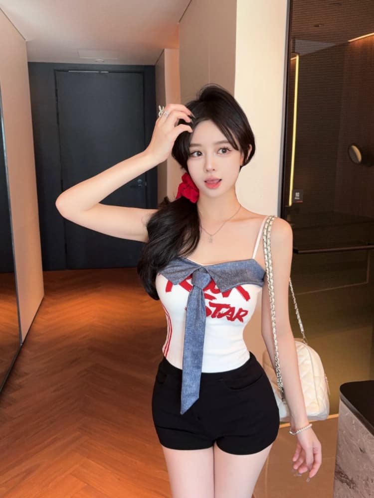 실사 감소되지 않음 아메리칸 핫걸 패치워크 캐미솔 여름 배색 알파벳 프린트 슬립 맨위 상세 이미지 12