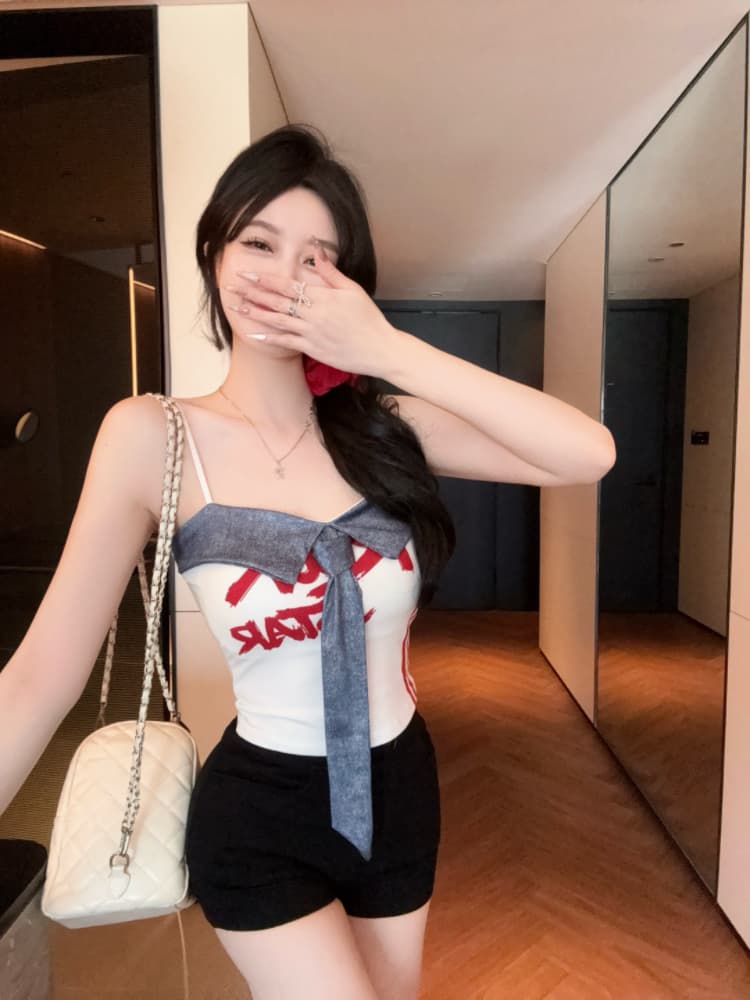 실사 감소되지 않음 아메리칸 핫걸 패치워크 캐미솔 여름 배색 알파벳 프린트 슬립 맨위 상세 이미지 15