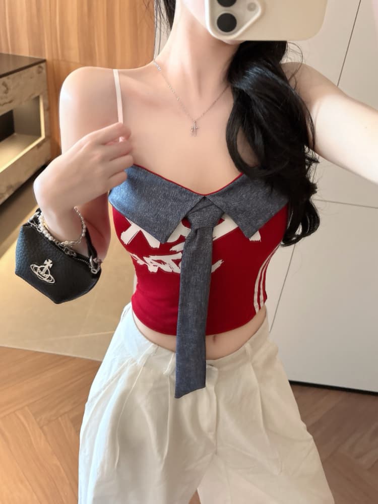 실사 감소되지 않음 아메리칸 핫걸 패치워크 캐미솔 여름 배색 알파벳 프린트 슬립 맨위 상세 이미지 18