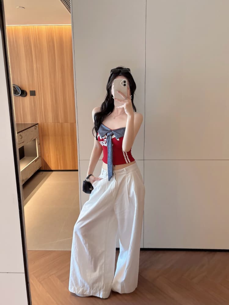실사 감소되지 않음 아메리칸 핫걸 패치워크 캐미솔 여름 배색 알파벳 프린트 슬립 맨위 상세 이미지 21