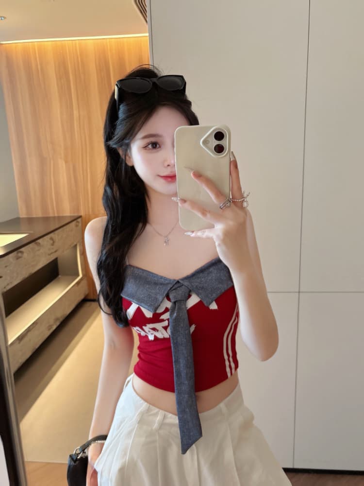 실사 감소되지 않음 아메리칸 핫걸 패치워크 캐미솔 여름 배색 알파벳 프린트 슬립 맨위 상세 이미지 22