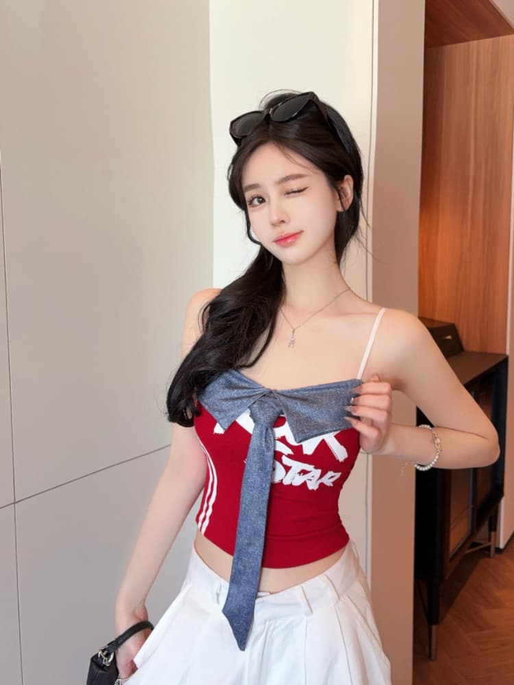 실사 감소되지 않음 아메리칸 핫걸 패치워크 캐미솔 여름 배색 알파벳 프린트 슬립 맨위 상세 이미지 23
