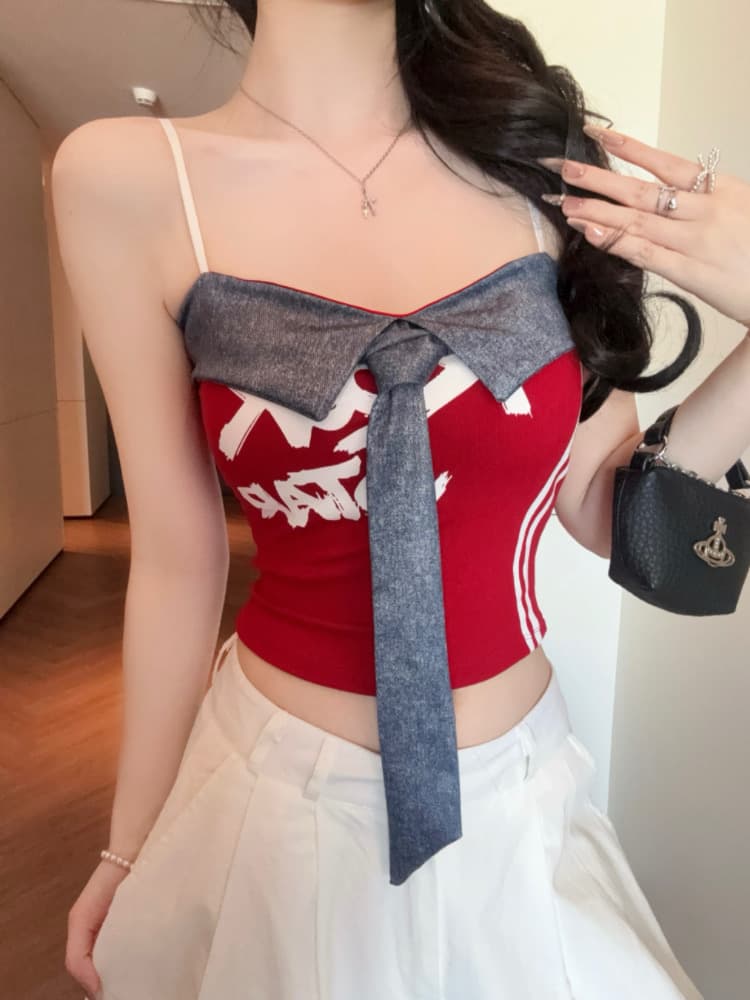 실사 감소되지 않음 아메리칸 핫걸 패치워크 캐미솔 여름 배색 알파벳 프린트 슬립 맨위 상세 이미지 24