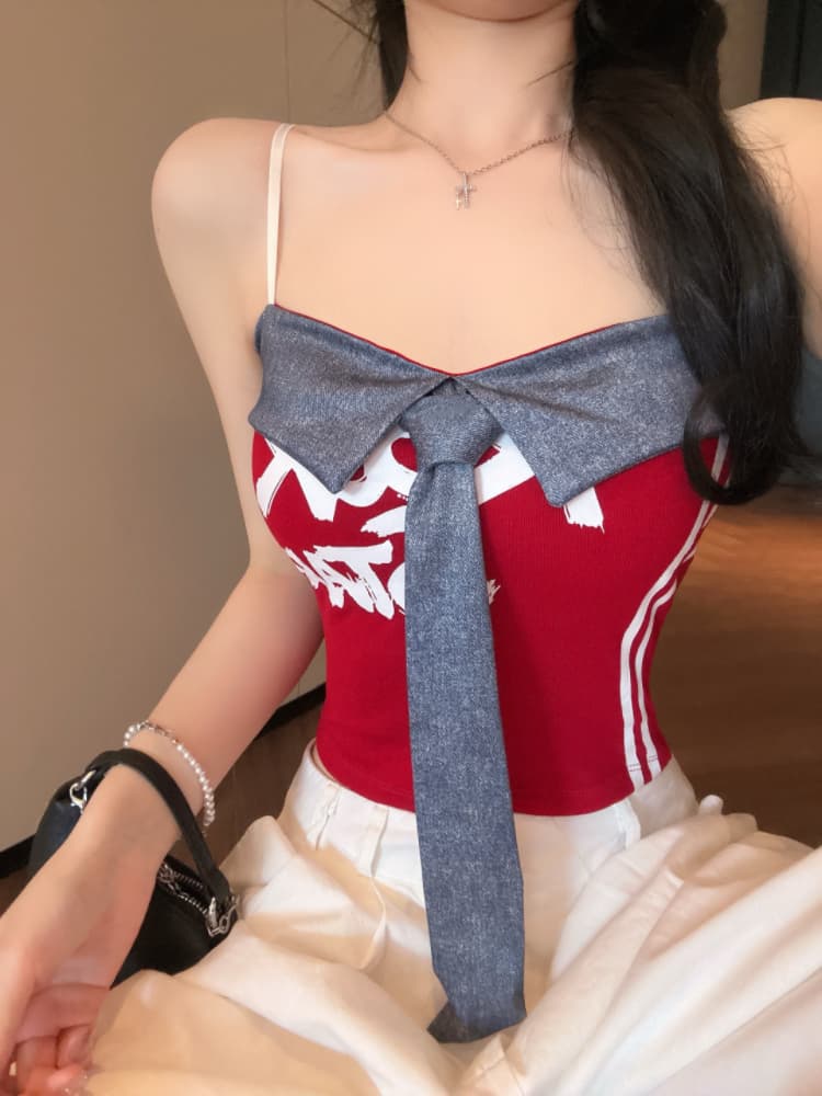 실사 감소되지 않음 아메리칸 핫걸 패치워크 캐미솔 여름 배색 알파벳 프린트 슬립 맨위 상세 이미지 25