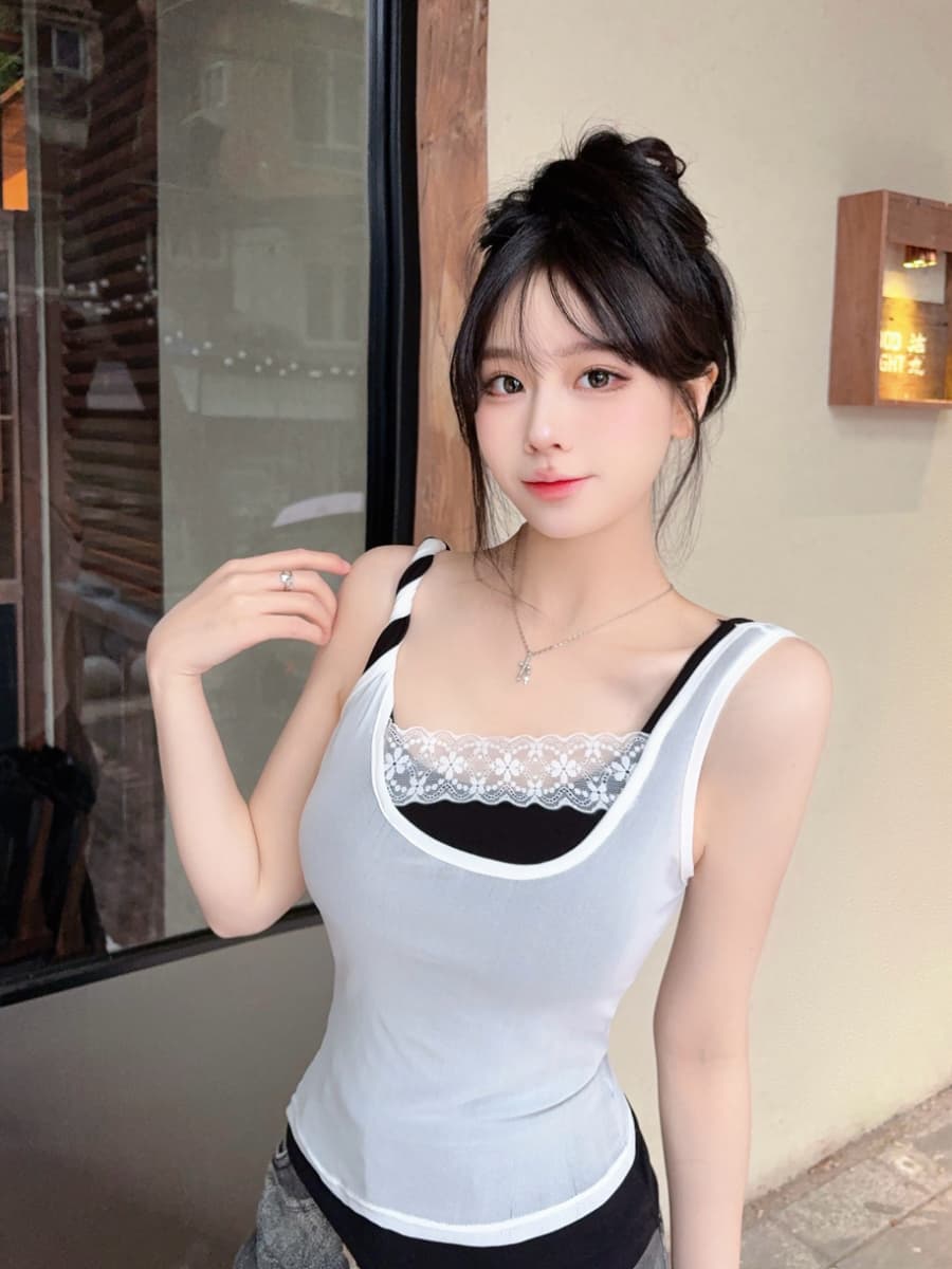 실사 감소되지 않음 핫걸 배색 패치워크 캐미솔 여름 스택 착용 슬림해 보이는 꼬집기 허리 민소매 맨위 이미지 3