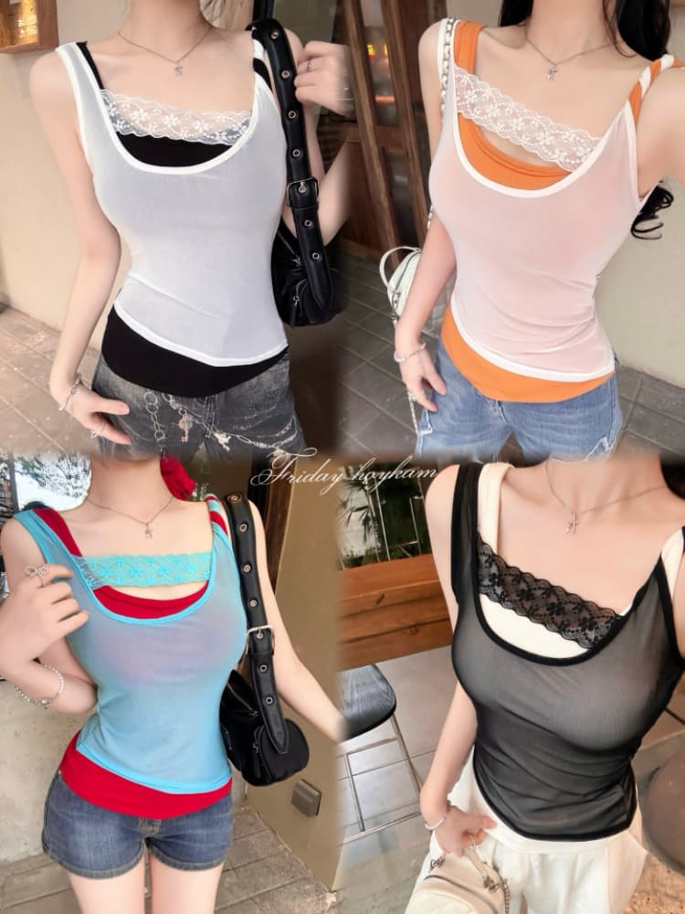실사 감소되지 않음 핫걸 배색 패치워크 캐미솔 여름 스택 착용 슬림해 보이는 꼬집기 허리 민소매 맨위 상세 이미지 1