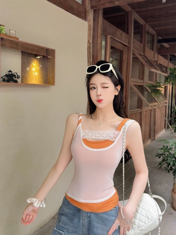 실사 감소되지 않음 핫걸 배색 패치워크 캐미솔 여름 스택 착용 슬림해 보이는 꼬집기 허리 민소매 맨위 상세 이미지 6