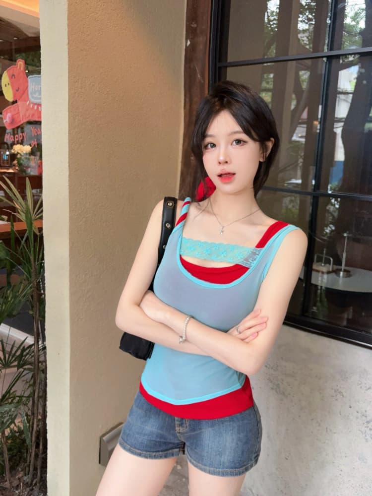 실사 감소되지 않음 핫걸 배색 패치워크 캐미솔 여름 스택 착용 슬림해 보이는 꼬집기 허리 민소매 맨위 상세 이미지 11