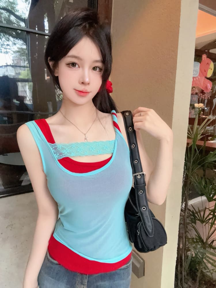 실사 감소되지 않음 핫걸 배색 패치워크 캐미솔 여름 스택 착용 슬림해 보이는 꼬집기 허리 민소매 맨위 상세 이미지 12