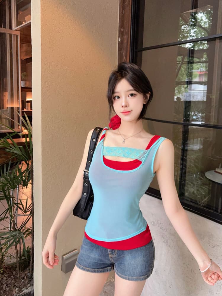 실사 감소되지 않음 핫걸 배색 패치워크 캐미솔 여름 스택 착용 슬림해 보이는 꼬집기 허리 민소매 맨위 상세 이미지 13