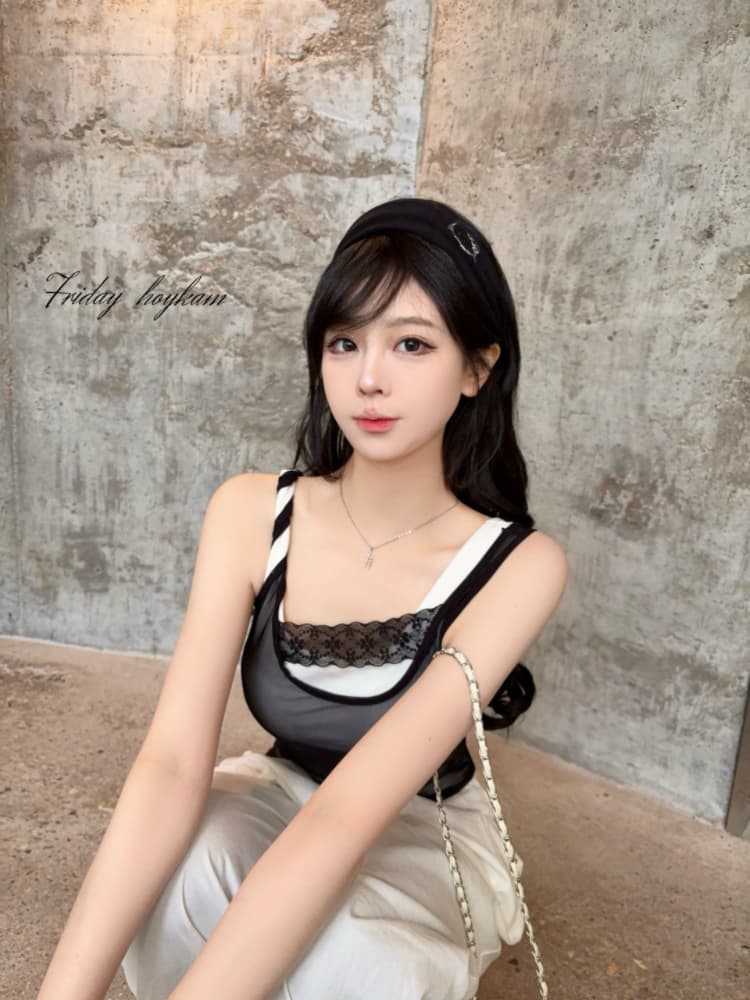 실사 감소되지 않음 핫걸 배색 패치워크 캐미솔 여름 스택 착용 슬림해 보이는 꼬집기 허리 민소매 맨위 상세 이미지 16