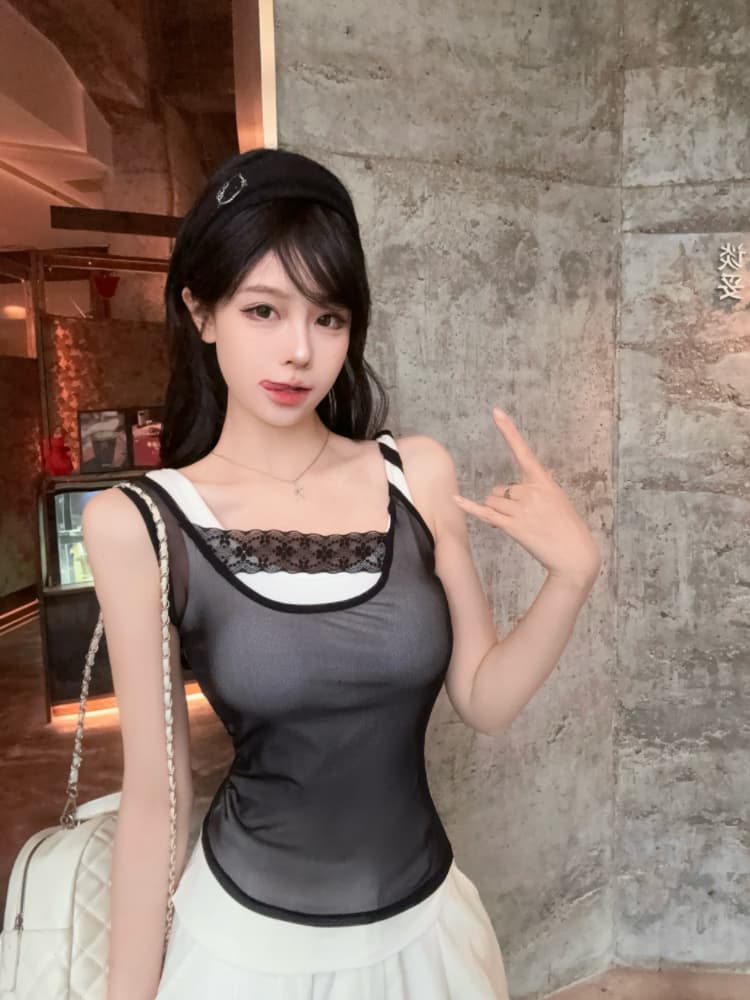 실사 감소되지 않음 핫걸 배색 패치워크 캐미솔 여름 스택 착용 슬림해 보이는 꼬집기 허리 민소매 맨위 상세 이미지 19