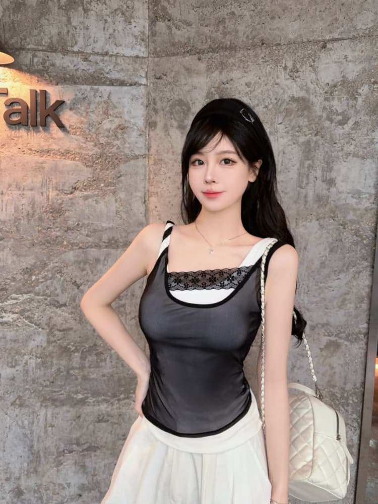 실사 감소되지 않음 핫걸 배색 패치워크 캐미솔 여름 스택 착용 슬림해 보이는 꼬집기 허리 민소매 맨위 상세 이미지 20