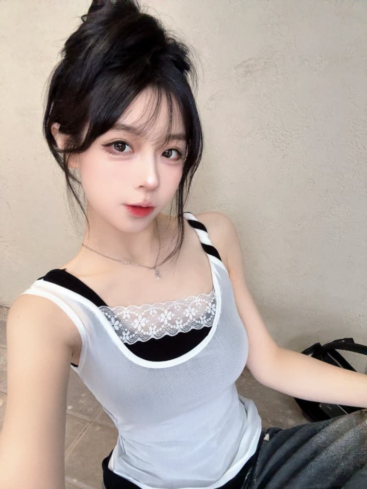 실사 감소되지 않음 핫걸 배색 패치워크 캐미솔 여름 스택 착용 슬림해 보이는 꼬집기 허리 민소매 맨위 상세 이미지 23