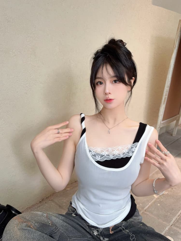 실사 감소되지 않음 핫걸 배색 패치워크 캐미솔 여름 스택 착용 슬림해 보이는 꼬집기 허리 민소매 맨위 상세 이미지 24