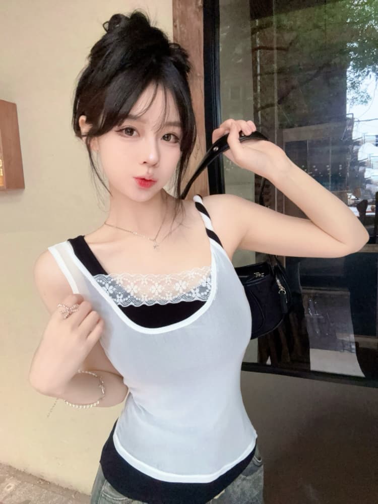 실사 감소되지 않음 핫걸 배색 패치워크 캐미솔 여름 스택 착용 슬림해 보이는 꼬집기 허리 민소매 맨위 상세 이미지 25