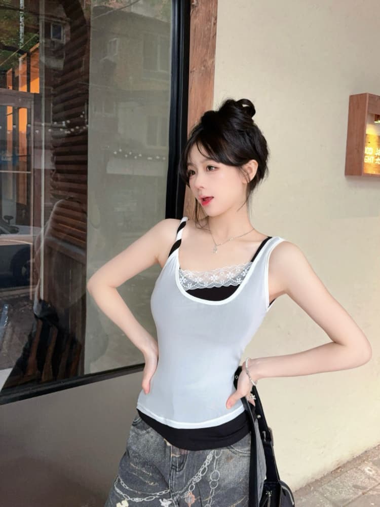 실사 감소되지 않음 핫걸 배색 패치워크 캐미솔 여름 스택 착용 슬림해 보이는 꼬집기 허리 민소매 맨위 상세 이미지 28