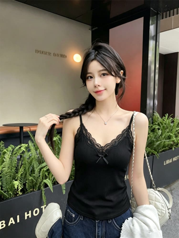 실사 감소되지 않음 달콤함 레이스 조각 캐미솔 몸매 가꾸기 다용도 벨트 가슴 패드 민소매 맨위 상세 이미지 16