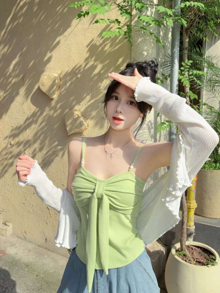 실사 감소되지 않음 나비 매듭 캐미솔 여름 핫걸 외출용 비즈 인사이드 가져 가라. 민소매 짧은 맨위 상세 이미지 4