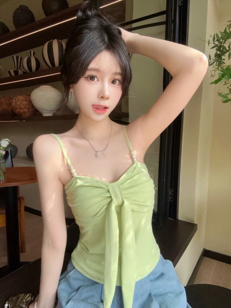 실사 감소되지 않음 나비 매듭 캐미솔 여름 핫걸 외출용 비즈 인사이드 가져 가라. 민소매 짧은 맨위 상세 이미지 6