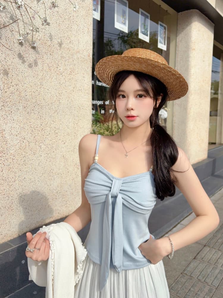 실사 감소되지 않음 나비 매듭 캐미솔 여름 핫걸 외출용 비즈 인사이드 가져 가라. 민소매 짧은 맨위 상세 이미지 13