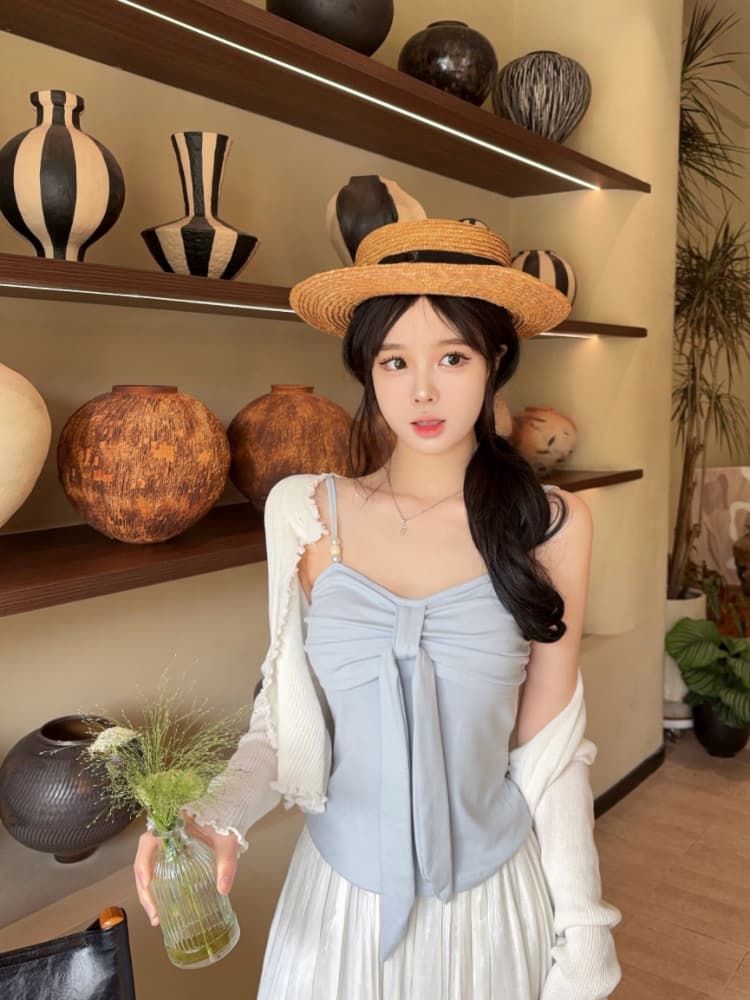 실사 감소되지 않음 나비 매듭 캐미솔 여름 핫걸 외출용 비즈 인사이드 가져 가라. 민소매 짧은 맨위 상세 이미지 14
