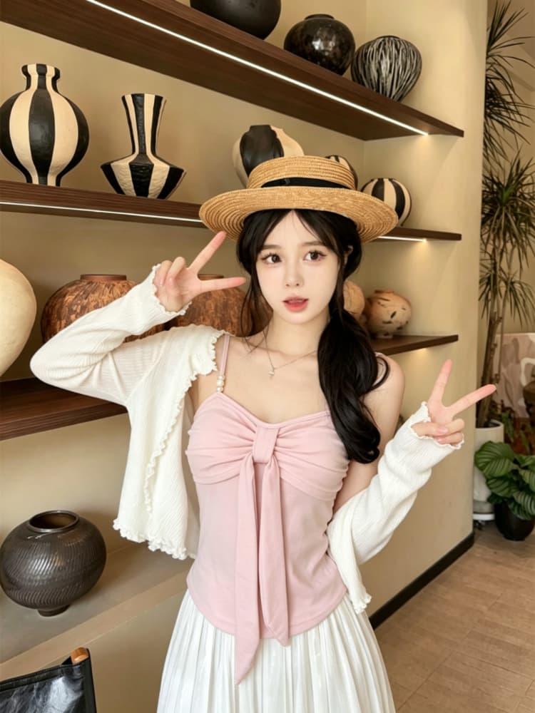 실사 감소되지 않음 나비 매듭 캐미솔 여름 핫걸 외출용 비즈 인사이드 가져 가라. 민소매 짧은 맨위 상세 이미지 25