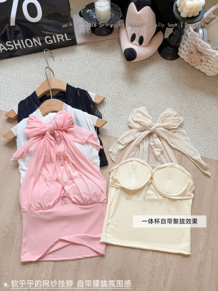 실사 감소되지 않음 망사 패치워크 행침 목 캐미솔 여름 외출용 슬림해 보이는 허리 수축 민소매 맨위 상세 이미지 3