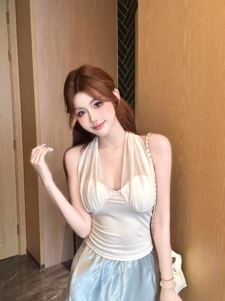 실사 감소되지 않음 망사 패치워크 행침 목 캐미솔 여름 외출용 슬림해 보이는 허리 수축 민소매 맨위 상세 이미지 6