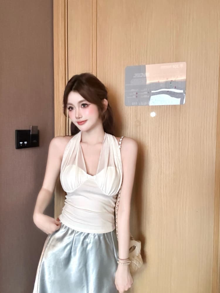 실사 감소되지 않음 망사 패치워크 행침 목 캐미솔 여름 외출용 슬림해 보이는 허리 수축 민소매 맨위 상세 이미지 7