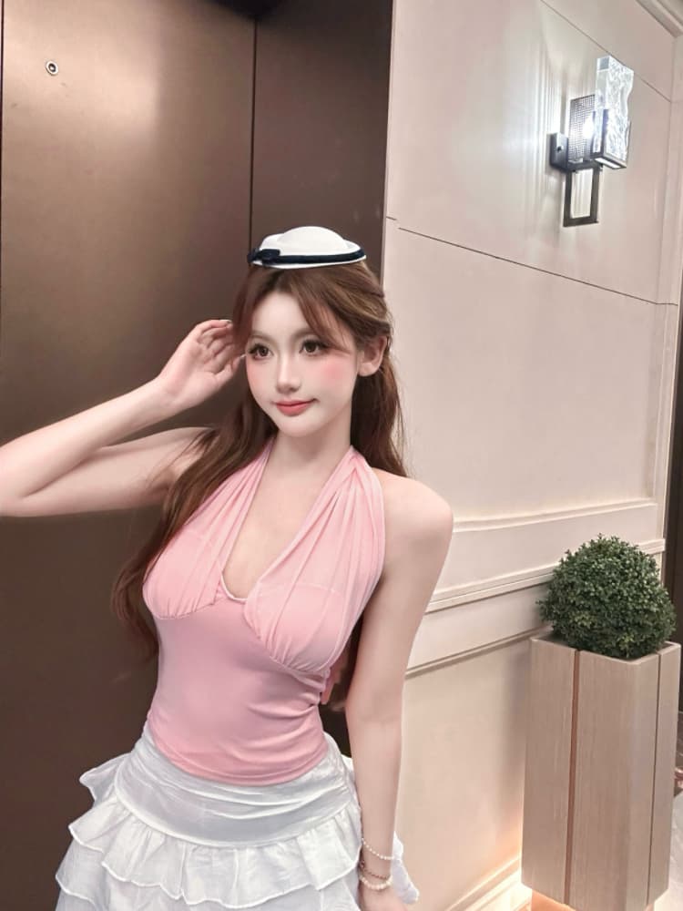 실사 감소되지 않음 망사 패치워크 행침 목 캐미솔 여름 외출용 슬림해 보이는 허리 수축 민소매 맨위 상세 이미지 11