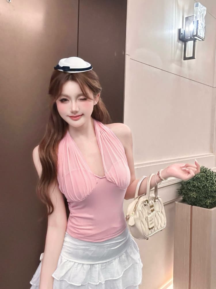 실사 감소되지 않음 망사 패치워크 행침 목 캐미솔 여름 외출용 슬림해 보이는 허리 수축 민소매 맨위 상세 이미지 12