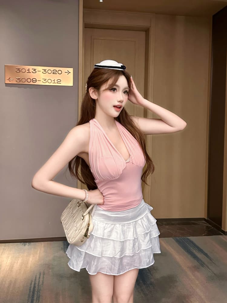 실사 감소되지 않음 망사 패치워크 행침 목 캐미솔 여름 외출용 슬림해 보이는 허리 수축 민소매 맨위 상세 이미지 13