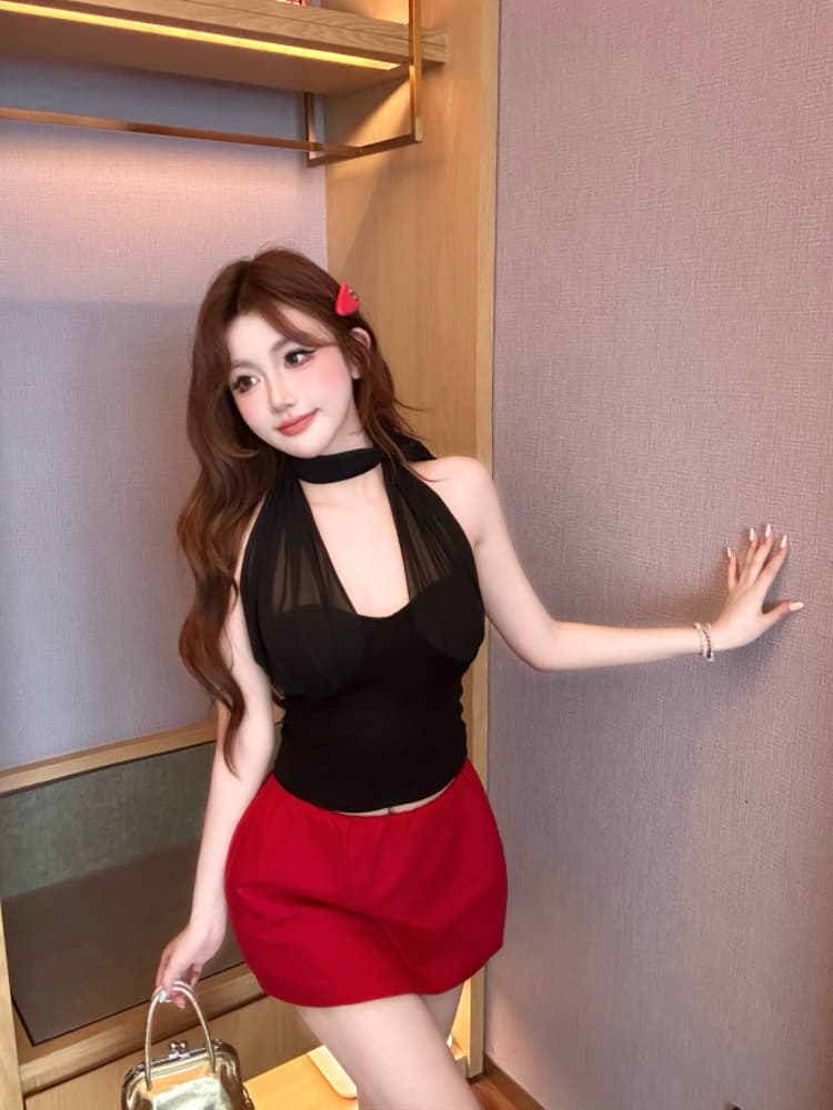 실사 감소되지 않음 망사 패치워크 행침 목 캐미솔 여름 외출용 슬림해 보이는 허리 수축 민소매 맨위 상세 이미지 16