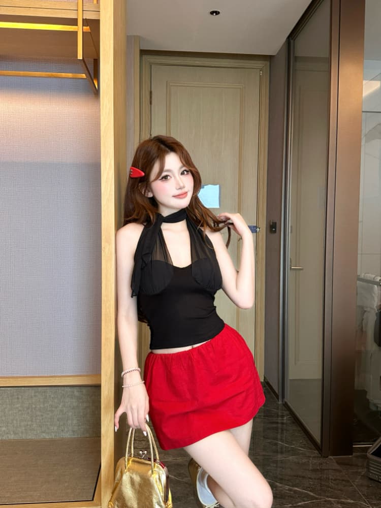 실사 감소되지 않음 망사 패치워크 행침 목 캐미솔 여름 외출용 슬림해 보이는 허리 수축 민소매 맨위 상세 이미지 17