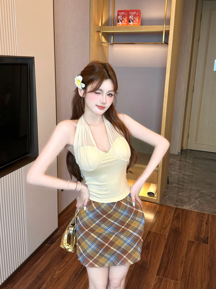 실사 감소되지 않음 망사 패치워크 행침 목 캐미솔 여름 외출용 슬림해 보이는 허리 수축 민소매 맨위 상세 이미지 20