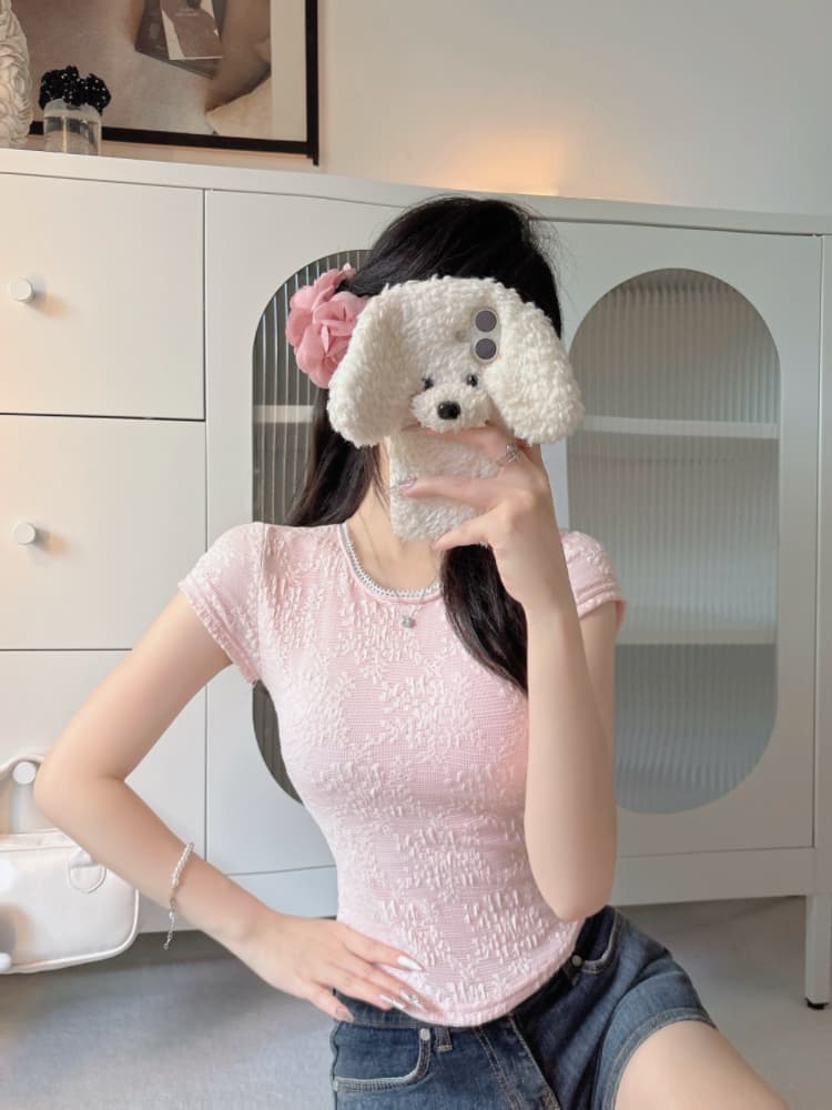 실사 감소되지 않음 절묘한 3 차원 엠보싱 레이스 자카드 망사 라운드 넥 몸매 가꾸기 슬림해 보이는 반팔 맨위 상세 이미지 9