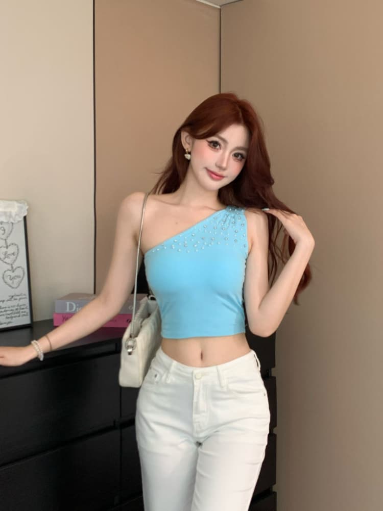 실사 감소되지 않음 핫걸 비스듬한 어깨 핫픽스 조끼 여성 여름 오프숄더 수신 벨트 가슴 패드 민소매 맨위 상세 이미지 6