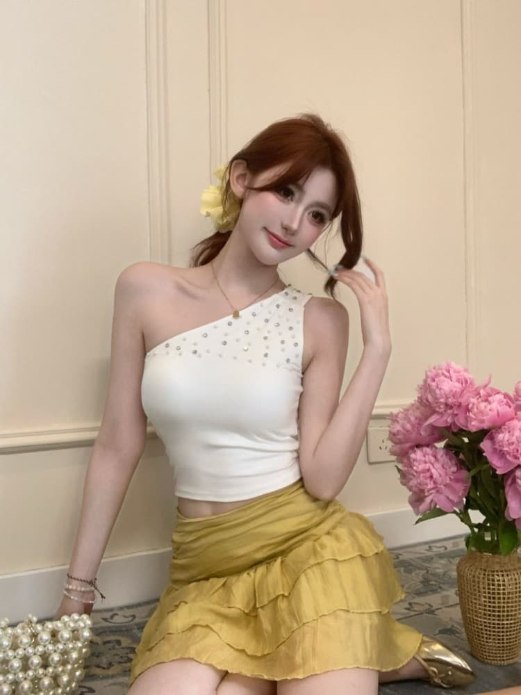 실사 감소되지 않음 핫걸 비스듬한 어깨 핫픽스 조끼 여성 여름 오프숄더 수신 벨트 가슴 패드 민소매 맨위 상세 이미지 11
