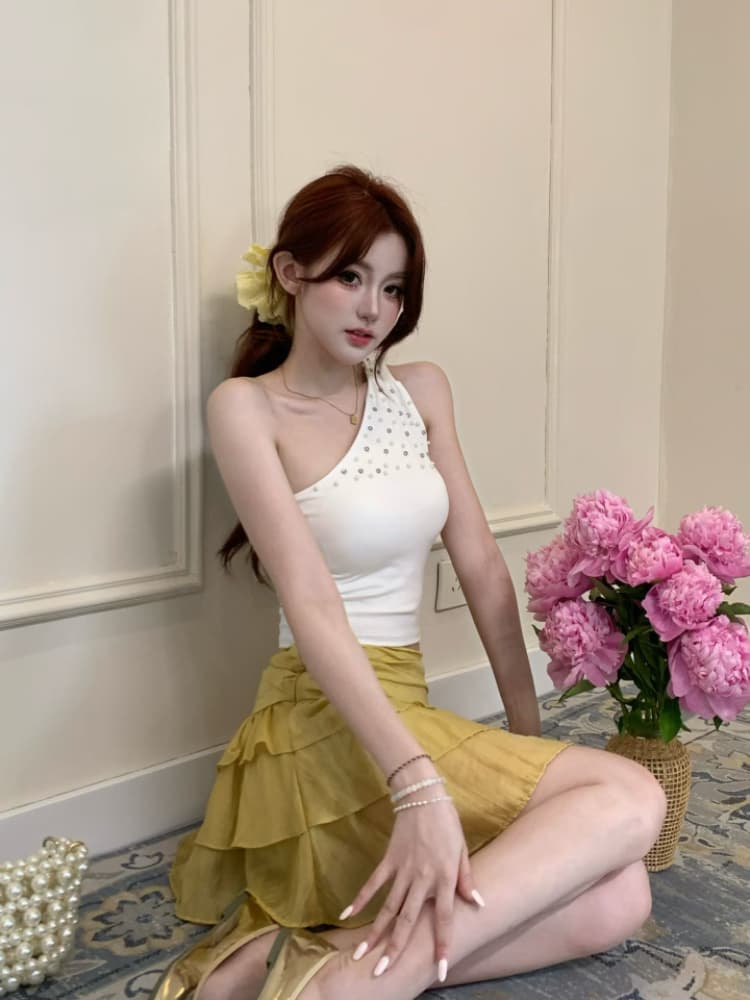 실사 감소되지 않음 핫걸 비스듬한 어깨 핫픽스 조끼 여성 여름 오프숄더 수신 벨트 가슴 패드 민소매 맨위 상세 이미지 13