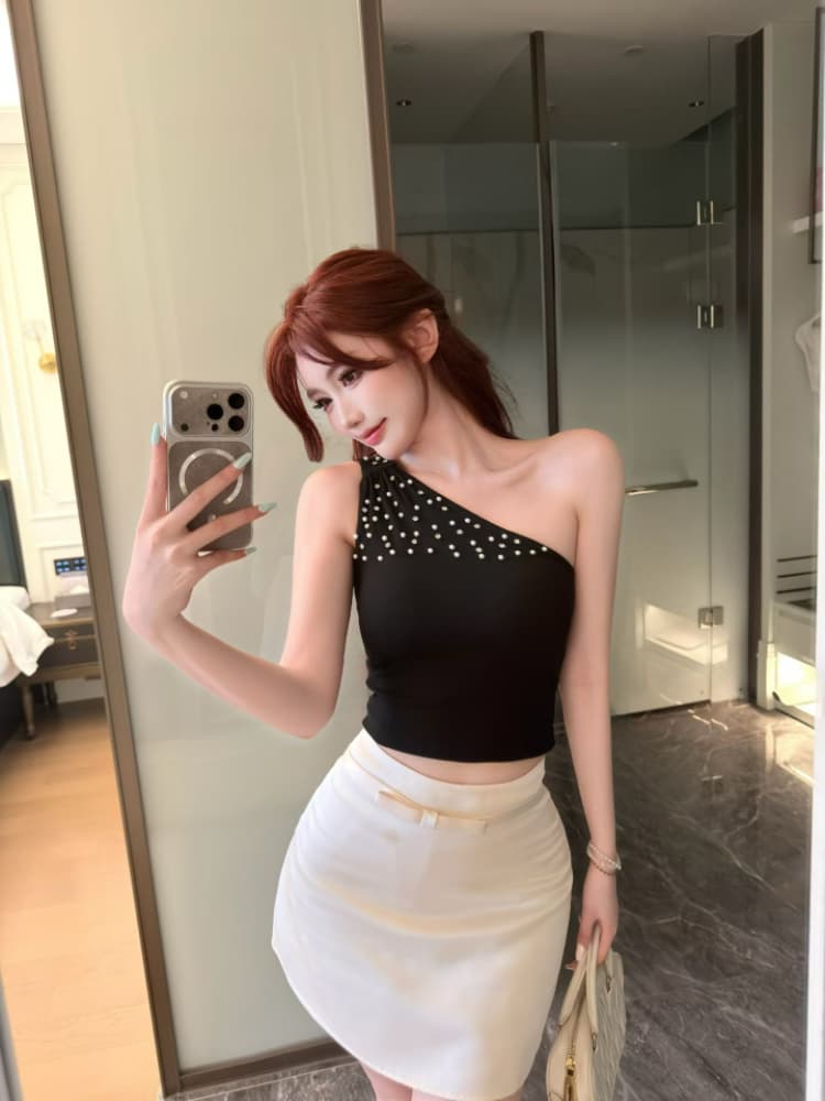 실사 감소되지 않음 핫걸 비스듬한 어깨 핫픽스 조끼 여성 여름 오프숄더 수신 벨트 가슴 패드 민소매 맨위 상세 이미지 15