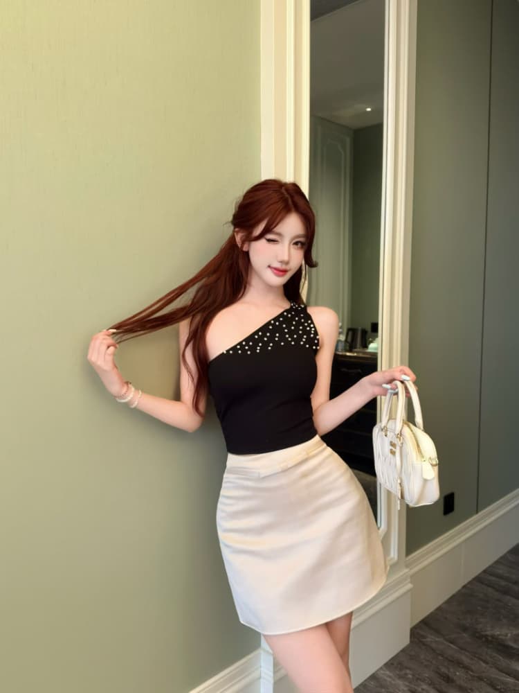 실사 감소되지 않음 핫걸 비스듬한 어깨 핫픽스 조끼 여성 여름 오프숄더 수신 벨트 가슴 패드 민소매 맨위 상세 이미지 17