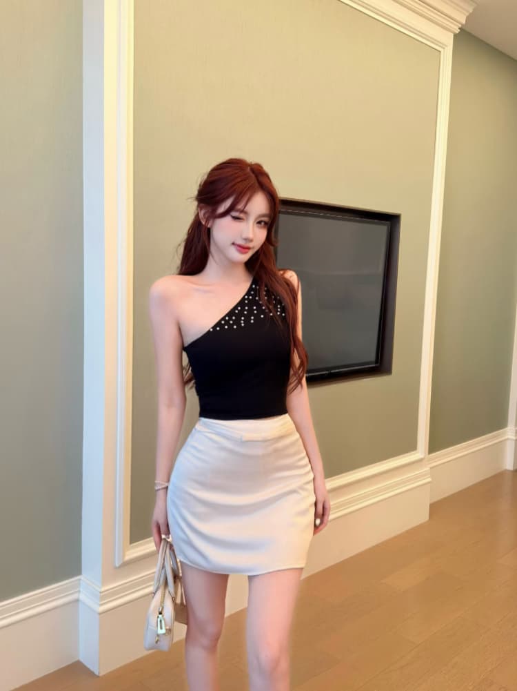 실사 감소되지 않음 핫걸 비스듬한 어깨 핫픽스 조끼 여성 여름 오프숄더 수신 벨트 가슴 패드 민소매 맨위 상세 이미지 18