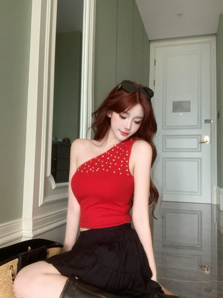 실사 감소되지 않음 핫걸 비스듬한 어깨 핫픽스 조끼 여성 여름 오프숄더 수신 벨트 가슴 패드 민소매 맨위 상세 이미지 22