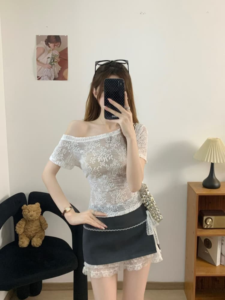 실사 감소되지 않음 순수한 욕망 핫걸 바람 비스듬한 어깨 레이스 반팔 티셔츠 오프숄더 맨위 인사이드 가져 가라. 포장 가슴 상세 이미지 6