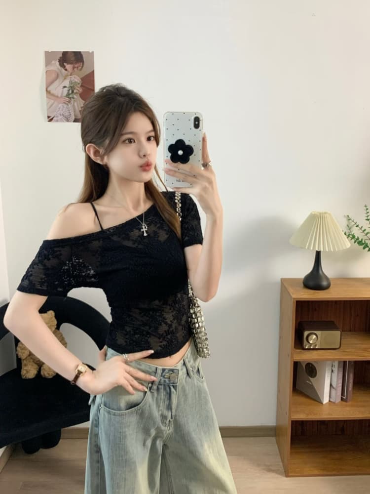실사 감소되지 않음 순수한 욕망 핫걸 바람 비스듬한 어깨 레이스 반팔 티셔츠 오프숄더 맨위 인사이드 가져 가라. 포장 가슴 상세 이미지 10