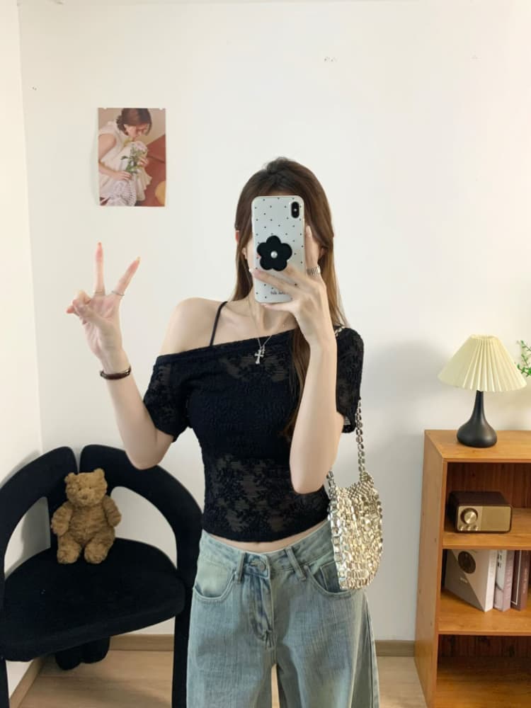 실사 감소되지 않음 순수한 욕망 핫걸 바람 비스듬한 어깨 레이스 반팔 티셔츠 오프숄더 맨위 인사이드 가져 가라. 포장 가슴 상세 이미지 11