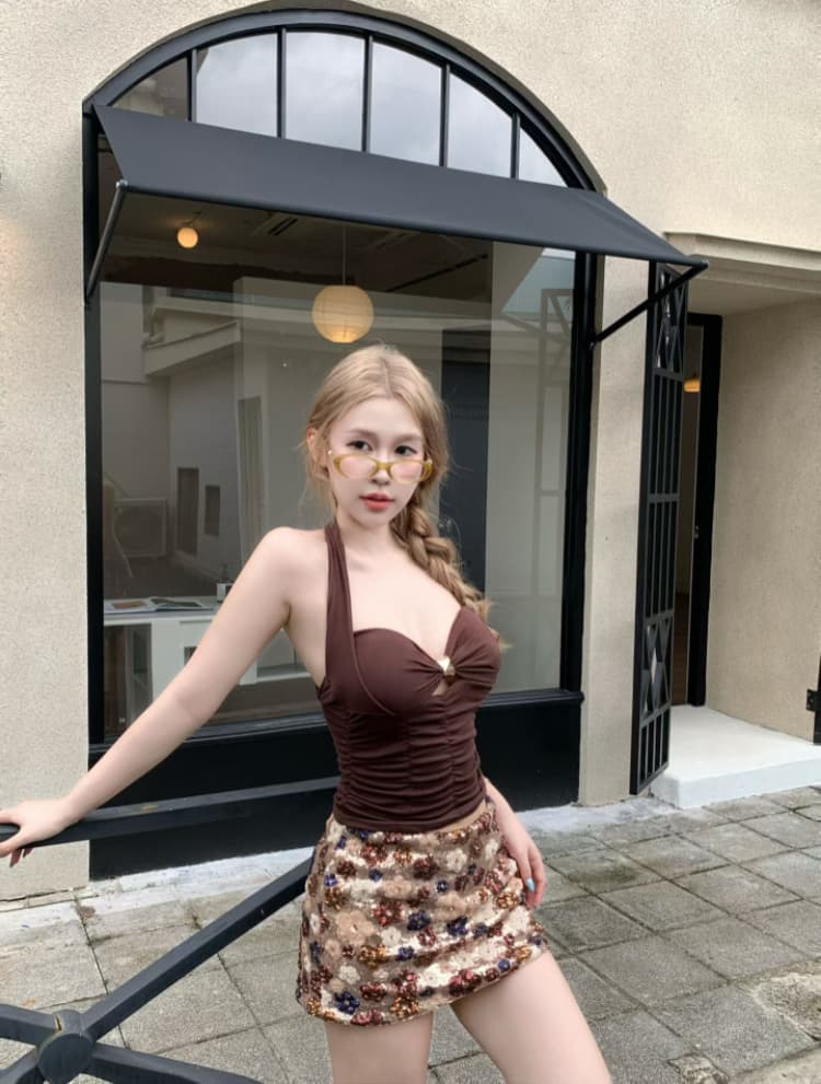 실사 감소되지 않음 아메리칸 행침 목 금속 버클 주름 캐미솔 여름 몸매 가꾸기 다용도 맨위 상세 이미지 15